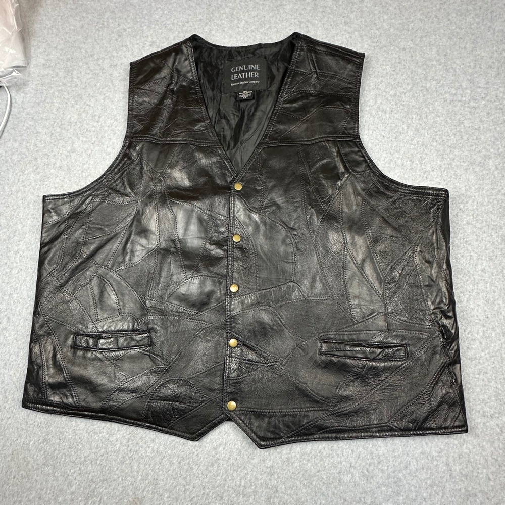 Genuine Leather Patchwork Biker Vest Mens 5XL Black Snap Front Western V-Neck